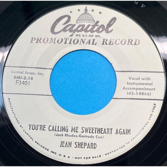 Jean Shepard Youre Calling Me Sweetheart Again 45 Vinyl 50s Country Promo - Picture 1 of 6